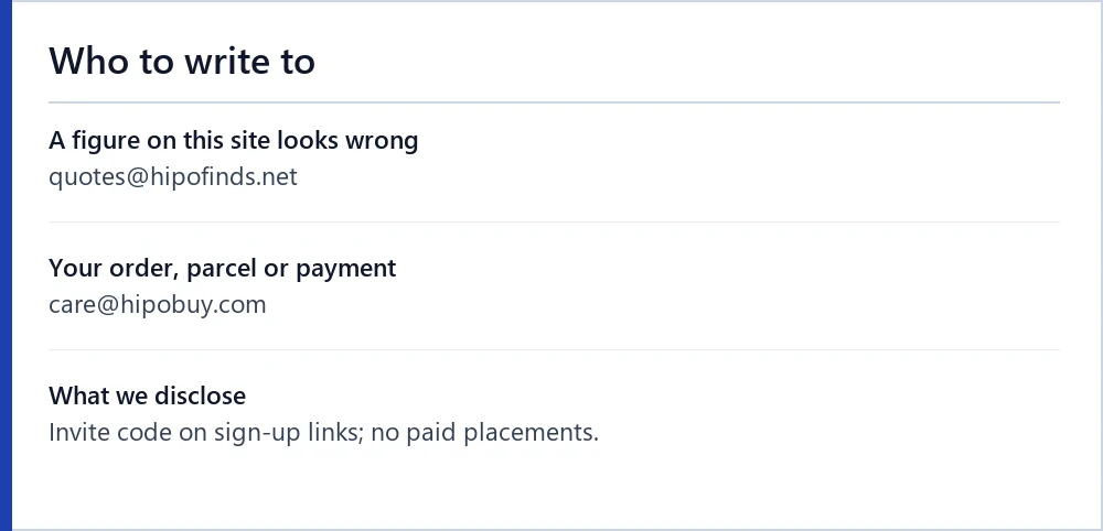 Contact routes for this site and for Hipobuy, kept separate