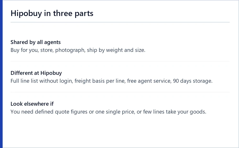Three-part comparison of what agents share, what Hipobuy does differently and when to look elsewhere