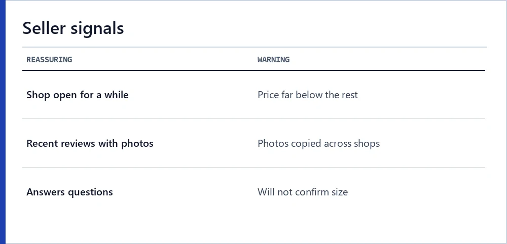 Signals of a reliable seller compared with warning signs