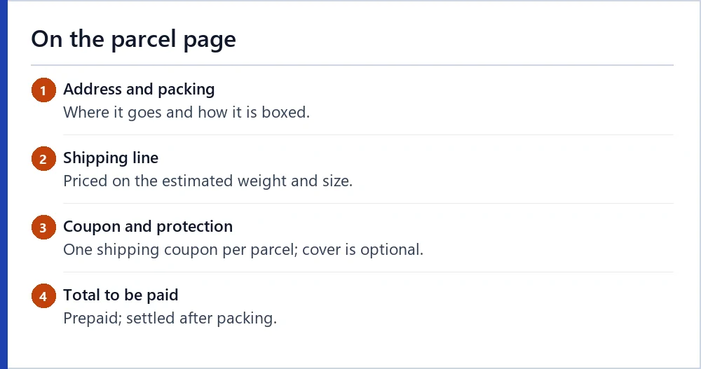 What the parcel page asks for and which figures it shows, per Hipobuy help