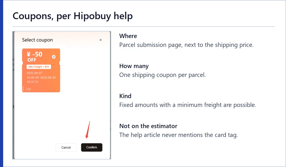 Official coupon selection window from Hipobuy help with notes on how coupons are applied