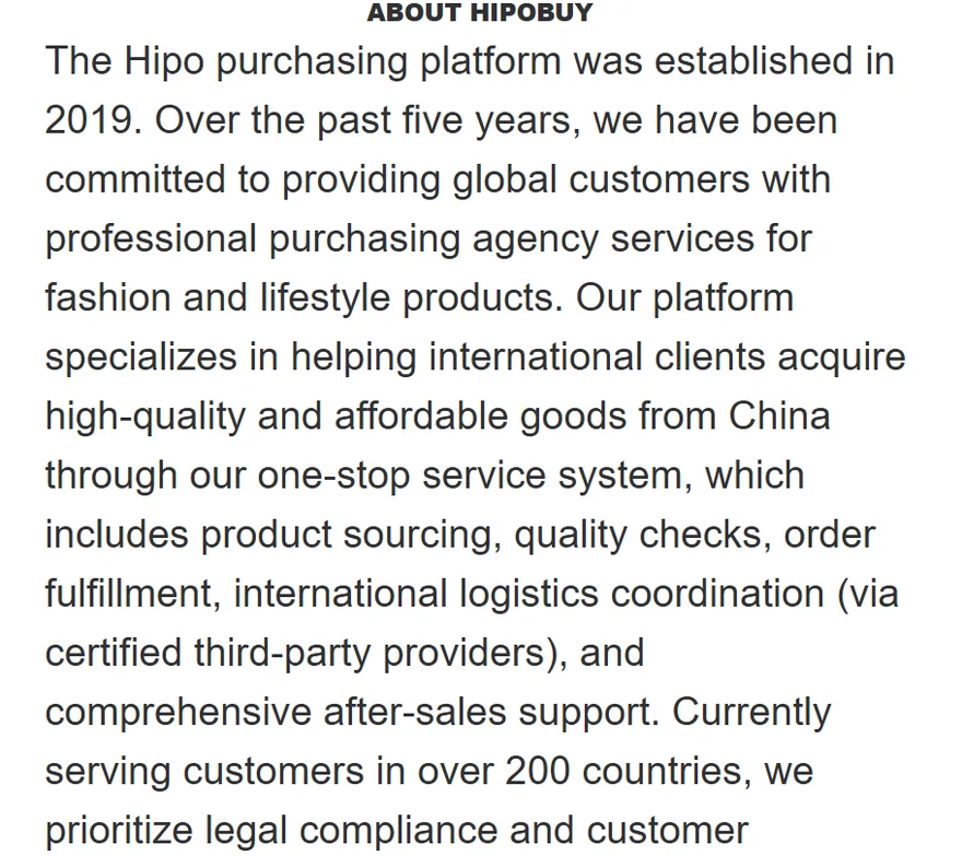 Hipobuy About Us page describing the platform founded in 2019 and upgraded in 2024