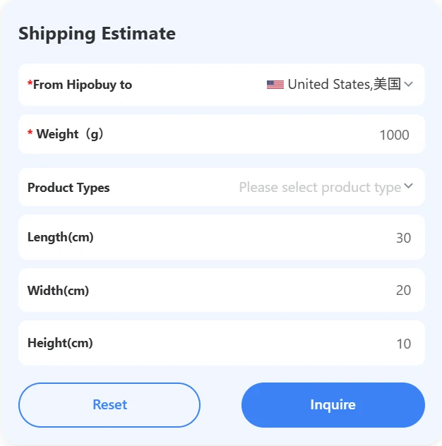 Hipobuy estimator form filled with United States, 1000 grams and a 30 by 20 by 10 centimetre box
