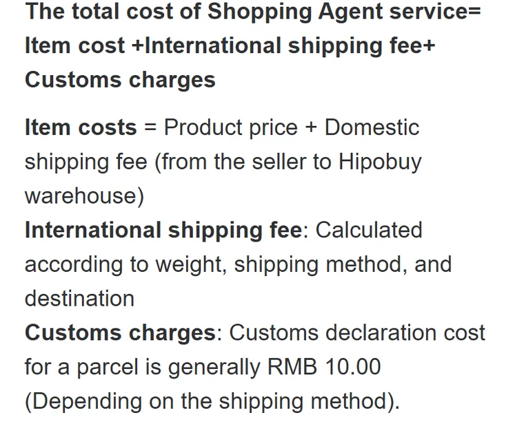 Hipobuy Service and Fees help page with the agent order cost formula and customs charges line