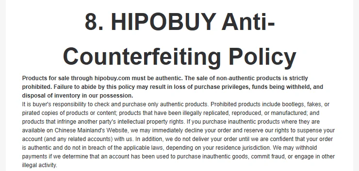 Opening of section 8 of the Hipobuy Service Terms on anti-counterfeiting