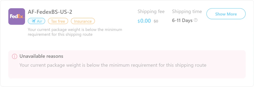 Greyed estimator card for AF-FedexBS-US-2 with zero prices and an unavailable reason