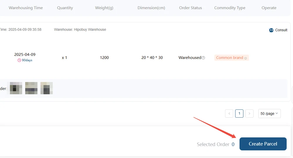 Hipobuy warehouse page showing one stored item with weight, dimensions and the Create Parcel button